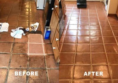 Kitchen Saltillo tile floor restoration-BEFORE and AFTER by Alex Stone and Tile Services